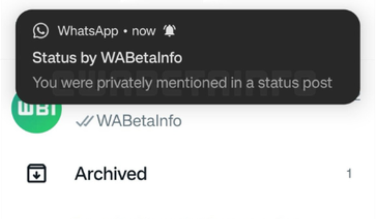 WABetaInfo divulgou print mostrando a notificação que surge com a menção nos Status do WhatsApp