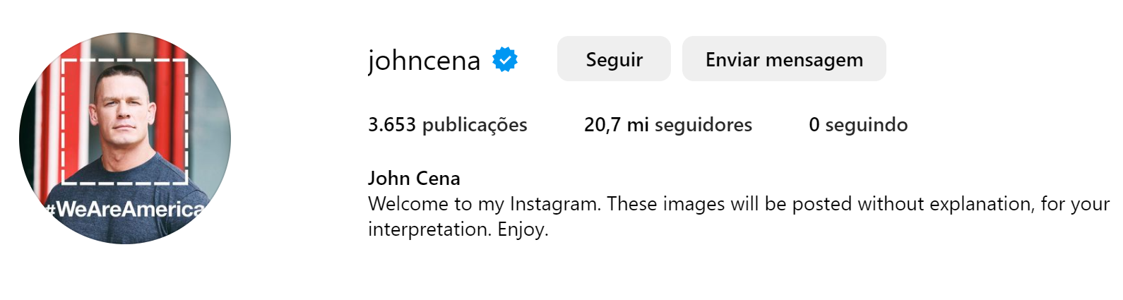 Detalhe do perfil de John Cena no Instagram mostrando que o astro não segue outras pessoas na rede
