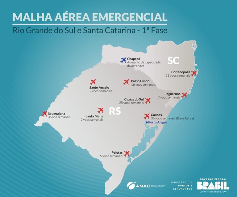 Mapa mostra a malha aérea emergencial para o Rio Grande do Sul