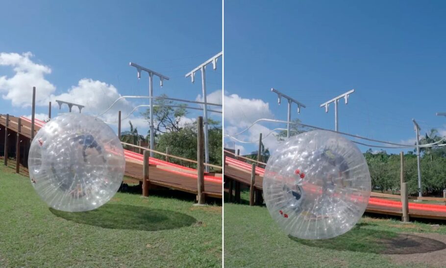 Zorb Ball, uma bola inflável de quatro metros de diâmetro que vai deslizar morro abaixo