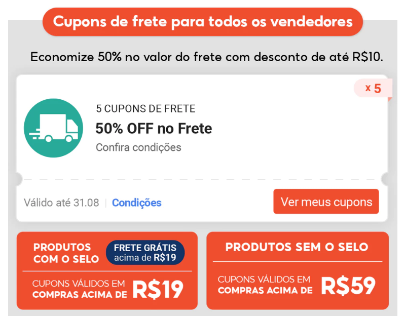 O cupom de desconto no frete oferece a possibilidade de você abater parte do valor da entrega do seu pedido