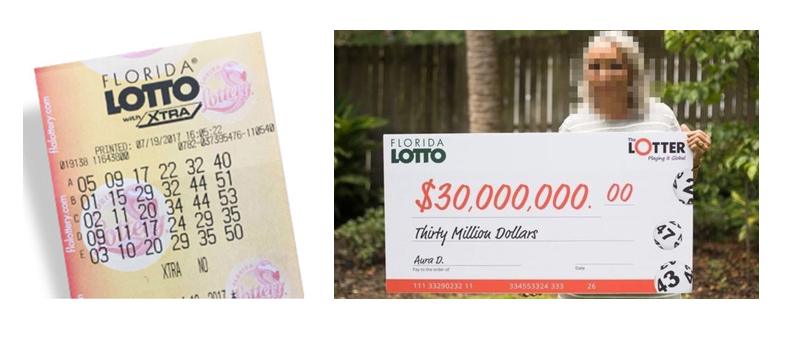 A aposentada panamenha A.D., que ganhou um prêmio de 30 milhões de dólares jogando na Florida Lotto pela TheLotter e ao lado o seu bilhete premiado