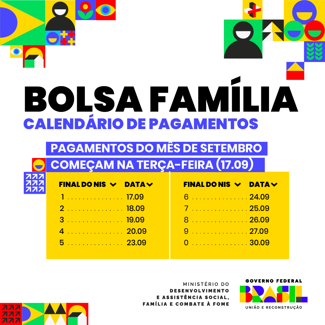 Os pagamentos de setembro do Bolsa Família terão início na próxima terça-feira, 17