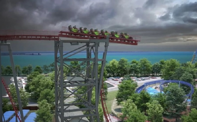 Maior montanha-russa dos EUA: Em uma “tilt coaster”, o carrinho é inicialmente mantido em uma posição horizontal e, com a ajuda de uma plataforma, inclinado para baixo – Divulgação/Cedar Point