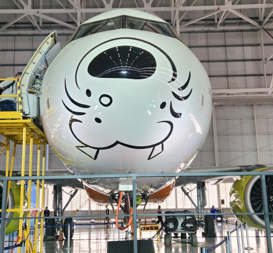 Detalhe da pintura do Airbus A320neo temático da Azul