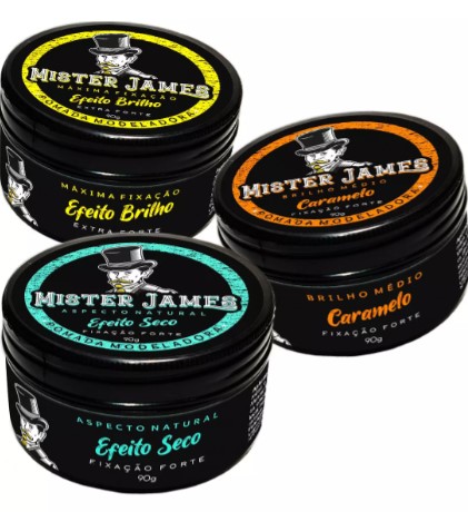 Kit com 3 pomadas de cabelo da Mister James Brilho sai por R$84,60