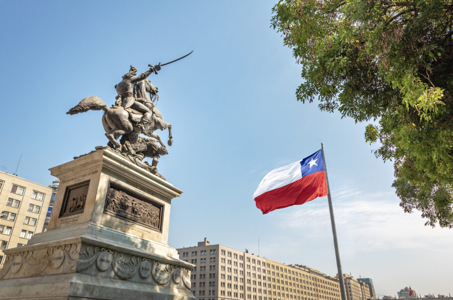 Bernando O’Higgins General Statue at Bulnes Square and Bicentenario Chilean flag – Santiago, Chile