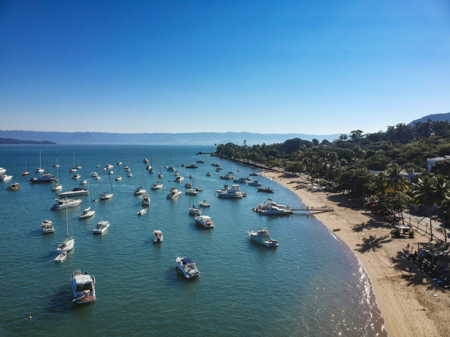 Ilhabela, Brazil – Circa June 2019: Aerial view of famous Ilhabela beach Island. Parque estadual de Ilhabela, Brazil