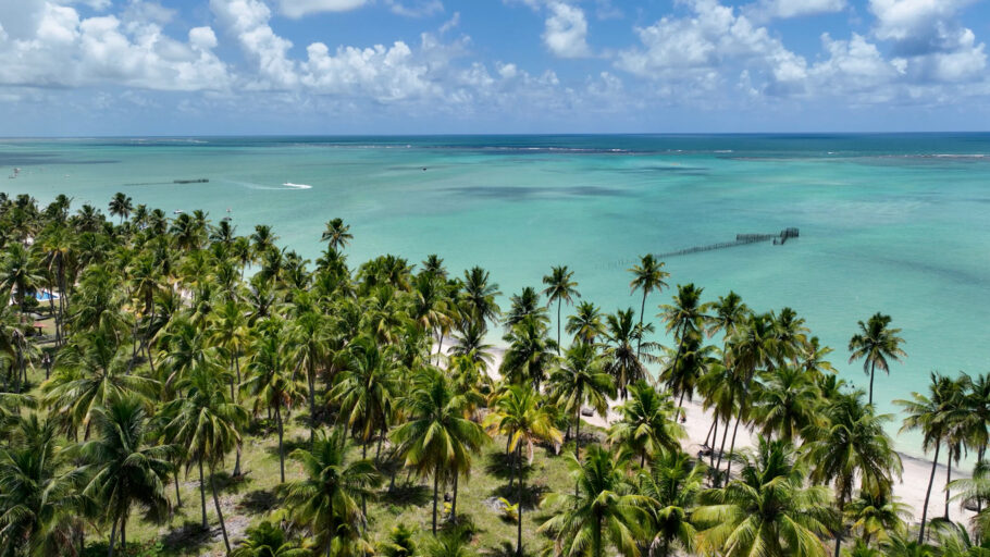 Praia de Antunes em Maragogi em Alagoas Brasil. Paisagem Turística. Antecedentes caribenhos. Cenário de viagem. Destinos de férias. Cena litorânea. Praia de Antunes em Maragogi em Alagoas Brasil.