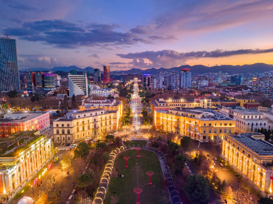 Aerial view of Tirana, Albanian Capital at sunset, dusk