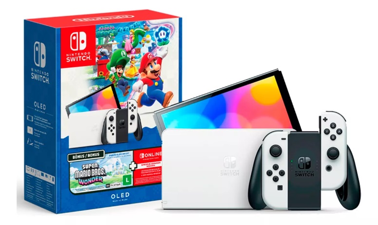 O Nintendo Switch OLED 64GB + Super Mario Bros. Wonder custa R$2.199