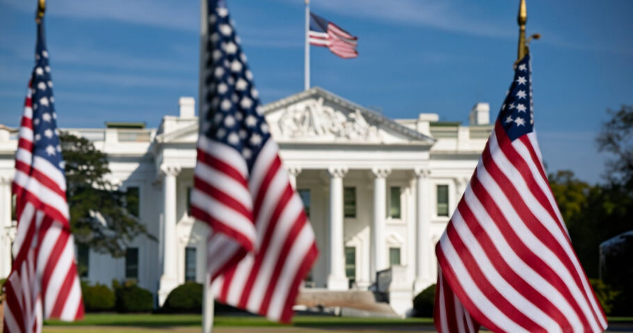 This compelling photograph captures the essence of American democracy with a captivating view of the White House in the background, framed by a row of American flags in the foreground. The flags, symbolizing the nation’s unity and resilience, stand proudly in front of one of the most iconic landmarks in the United States.