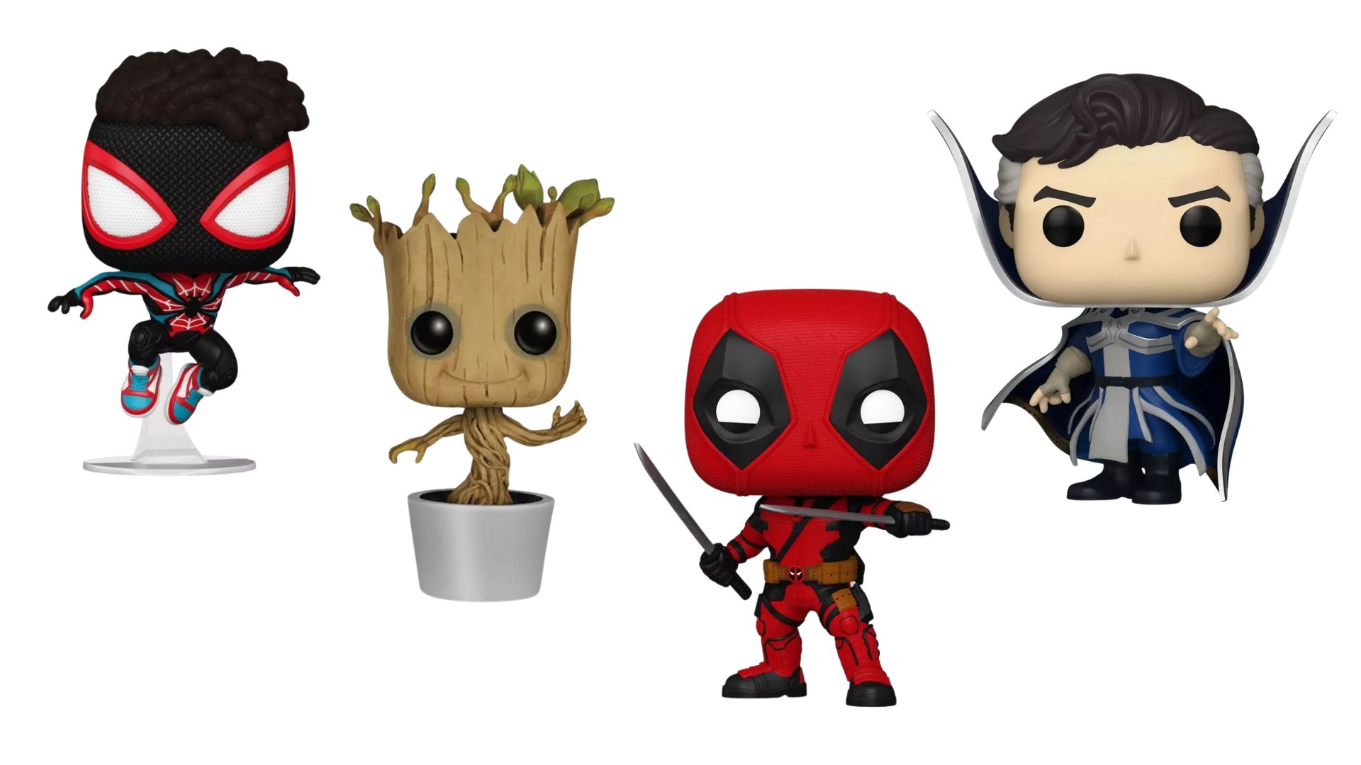 Spider-Man Miles Morales sai por R$138,90, o Dr. Estranho por R$77,96, o Baby Groot por R$141,6 e o Deadpool por R$189,54