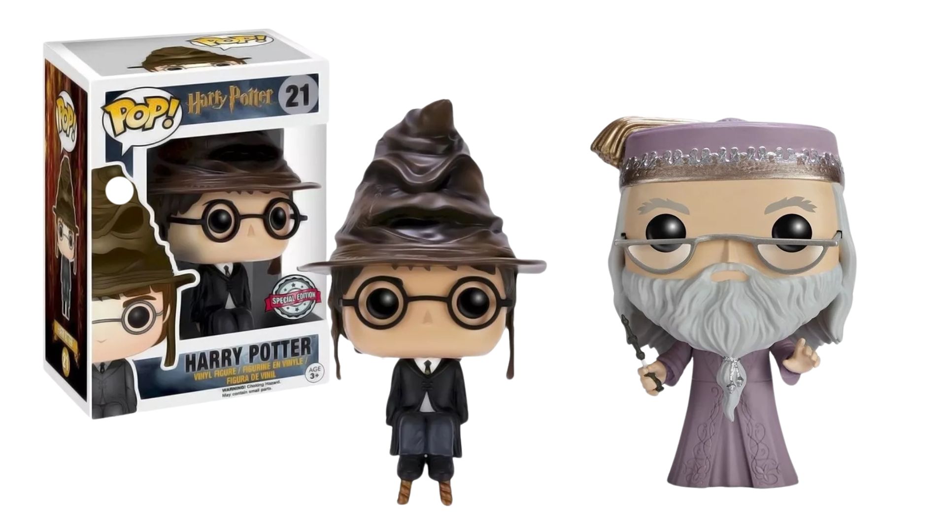 O Funko de Harry no Chapéu Seletor custa R$124,90 e o de Dumbledore sai por R$121,49