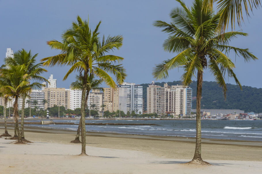 Cidade de Santos, Brasil. Prédios na orla do bairro Ponta da Praia vistos da praia do Embaré com coqueiros.