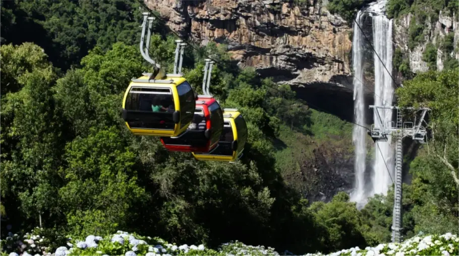 Bondinhos com a Cascata do Caracol ao fundo, em Canela