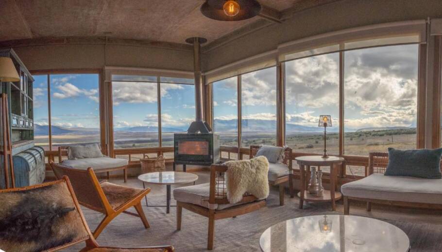 Área comum da Hotel Estância Cerro Guido, na Patagônia chilena