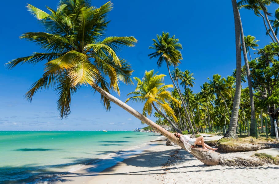 Jovem turista deitada em coqueiro em praia paradisíaca do Brasil, Praia dos Carneiros, Pernambuco, Brasil.