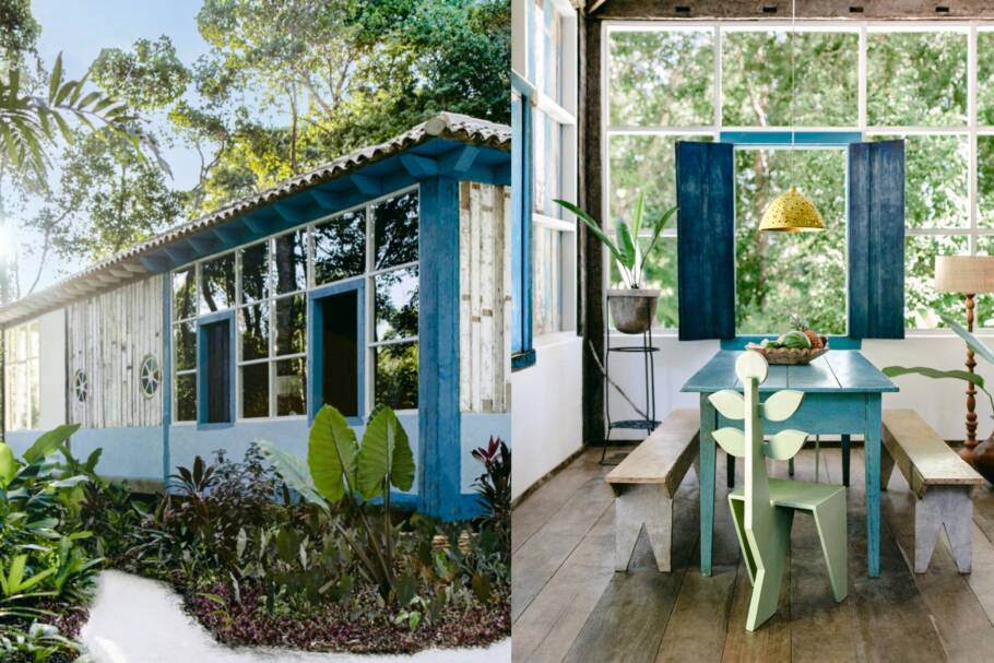 Lado externo e detalhes do interior da Casa Azul do UXUA Maré