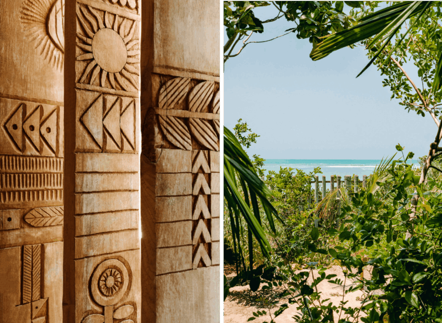 Detalhe artesanal da Casa Azul e vista para a praia de Itapororoca