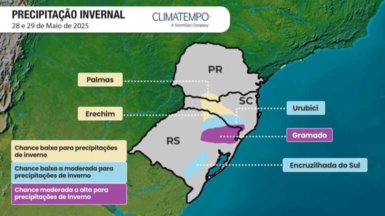 Áreas com possibilidade de ocorrência de precipitação invernal entre os dias 28 e 29 de maio de 2025