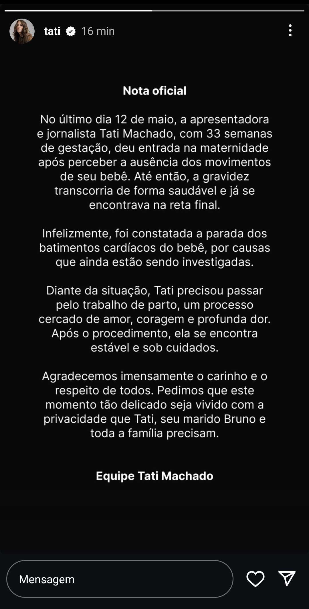 Comunicado da equipe de Tati Machado