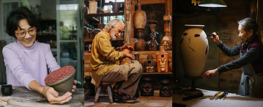 Primeiros ceramistas de Cunha: Mieko Ukesekie (à esq.), Alberto Cidraes e Kimiko Suenaga