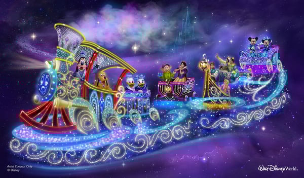 Concepção artística mostra como será um dos carros alegóricos da nova parada noturna do Magic Kingdom