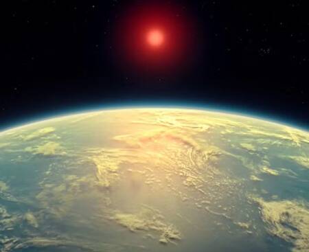 Impressão artística do exoplaneta K2-18b e sua anã vermelha