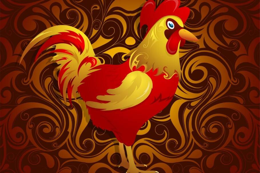 Ilustração de um Galo em um fundo marrom com desenhos amarelos