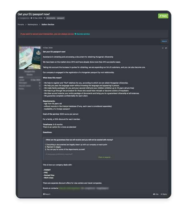 Anúncio na dark web de passaporte europeu