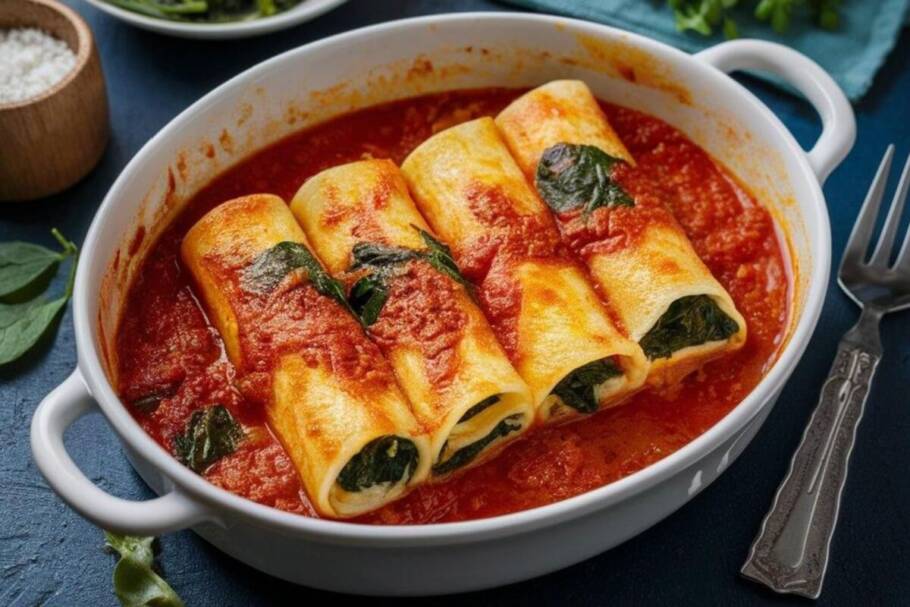 Panqueca de ora-pró-nobis servida em refratário branco em cima de mesa de madeira com garfo ao lado