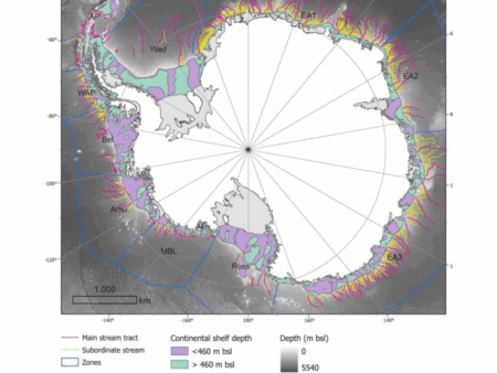 Mapa da descoberta dos cânions destacados na borda da Antártida.