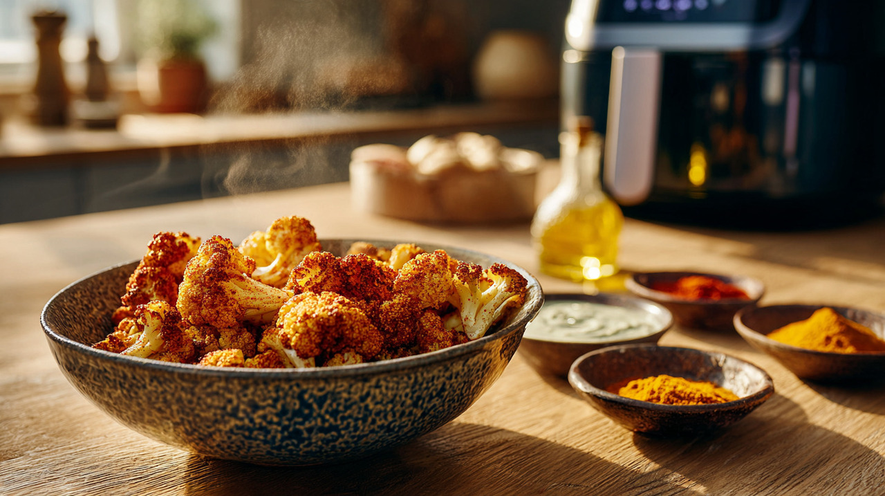 Para preparar a couve-flor crocante, são usados temperos que equilibram sabor e textura