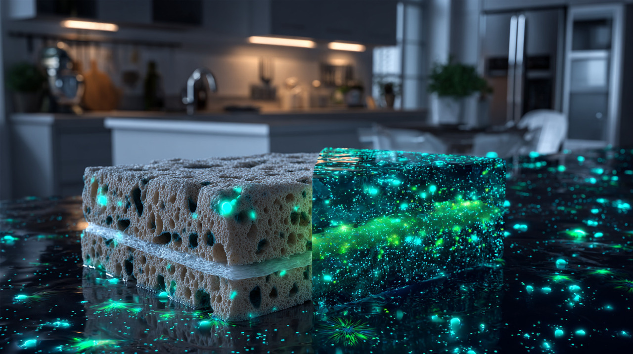 Utensílios como esponjas de cozinha e panos de limpeza