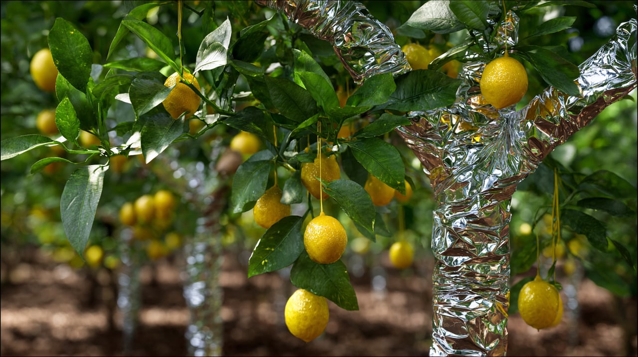 O alumínio funciona como uma barreira física que dificulta o acesso de insetos rastejantes ao tronco ou à base da planta