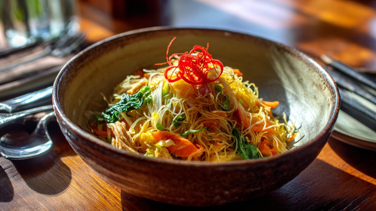 O mihun goreng legend é tradicionalmente finalizado com tiras de omelete e fatias de pimenta fresca por cima