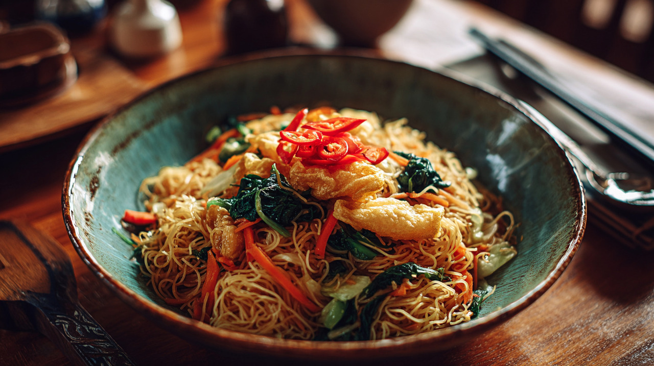 O mihun goreng legend é tradicionalmente finalizado com tiras de omelete e fatias de pimenta fresca por cima