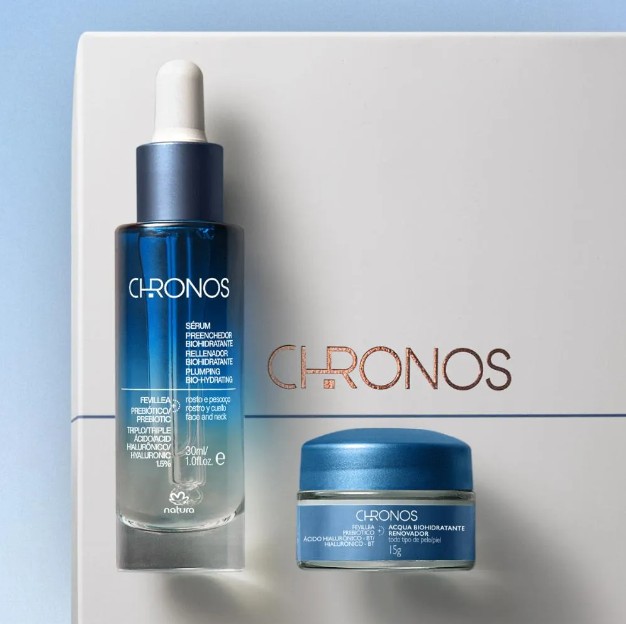 Por R$165,83, você leva um sérum preenchedor e um biohidratante em gel da linha Chronos