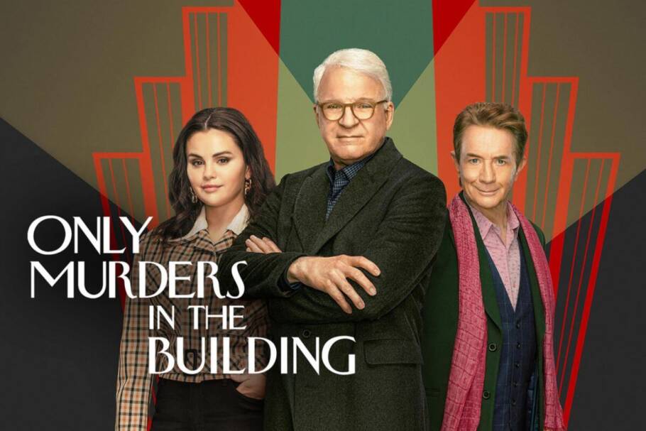 Capa da série "Only Murders in the Building" com os atores Selena Gomes, Steve Martin e Martin Short