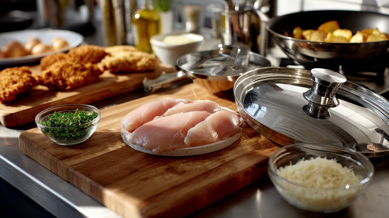 O primeiro passo é limpar e cortar o peito de frango ao meio, para obter peças mais finas e fáceis de modelar