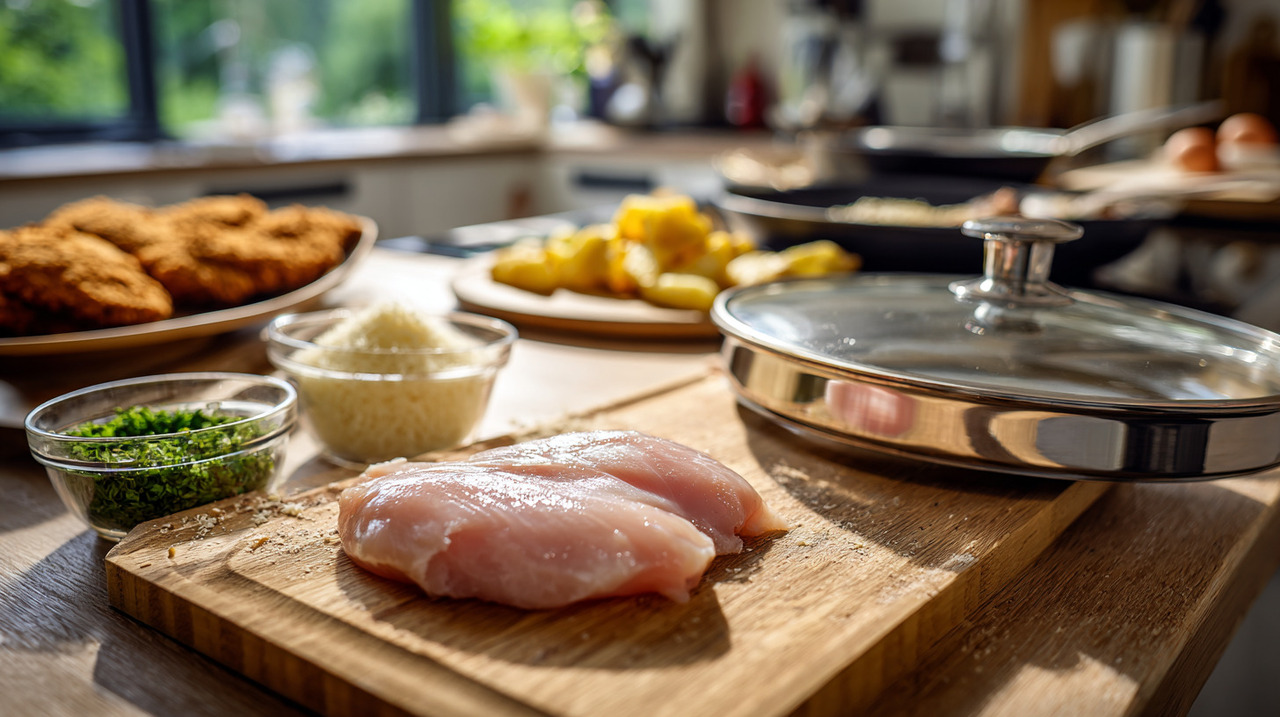 O primeiro passo é limpar e cortar o peito de frango ao meio, para obter peças mais finas e fáceis de modelar