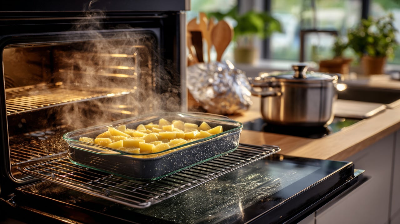 Em vez de imergir as batatas em água fervente, o truque é assá-las em banho-maria dentro do forno