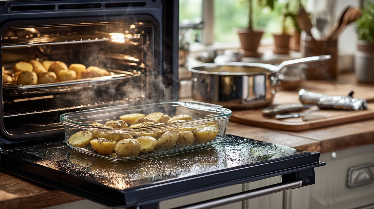 Em vez de imergir as batatas em água fervente, o truque é assá-las em banho-maria dentro do forno