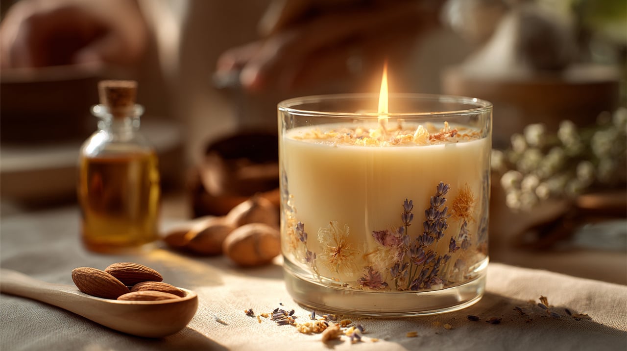 Os itens essenciais para preparar uma vela aromática incluem cera