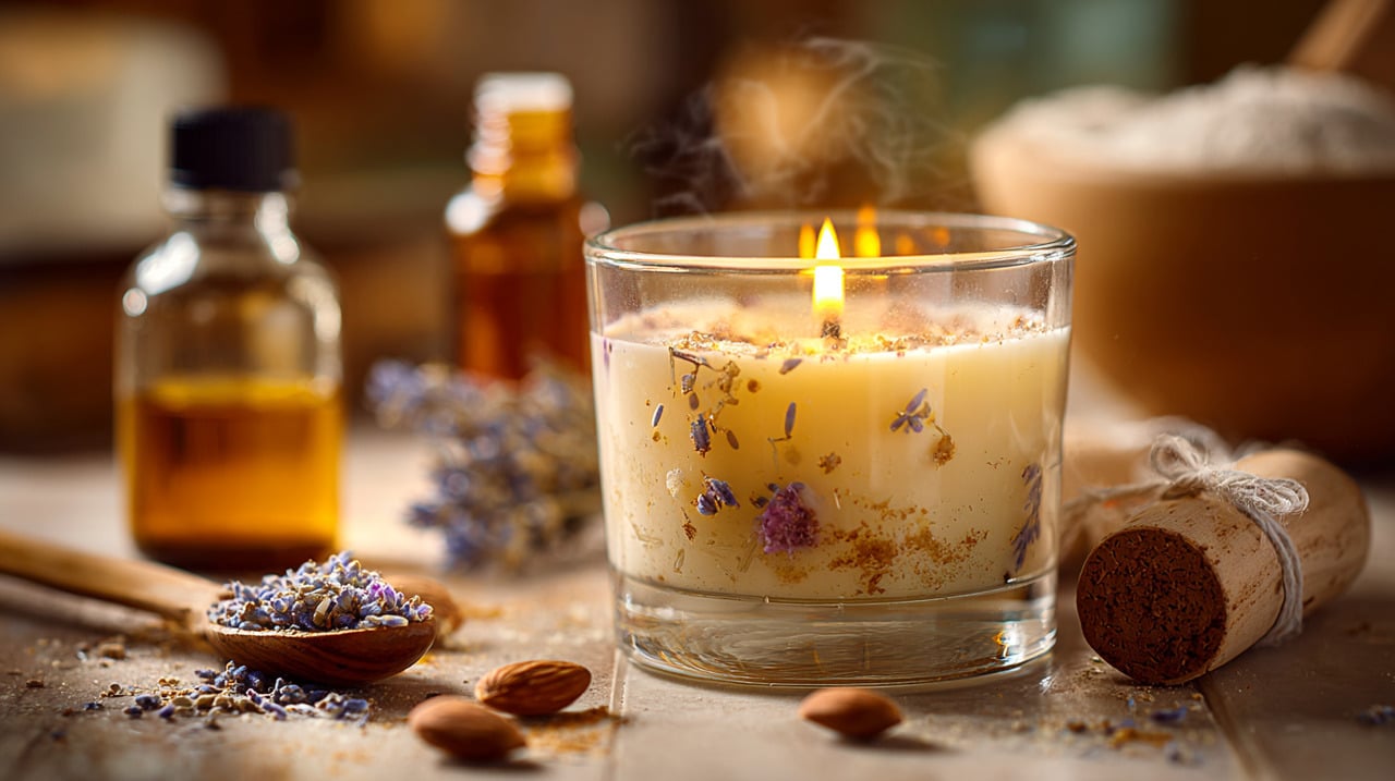 Os itens essenciais para preparar uma vela aromática incluem cera