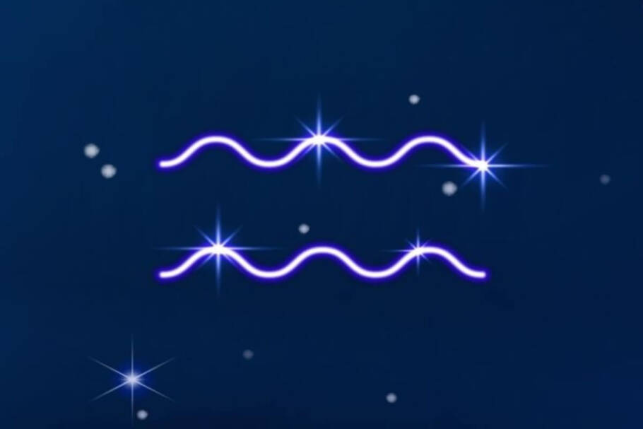 Símbolo do signo de Aquário em roxo em fundo azul-escuro com pontos de luz simbolizando as estrelas