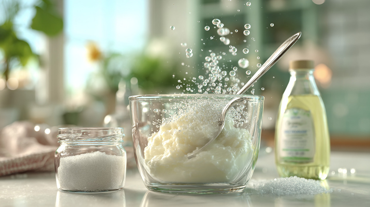 O bicarbonato atua como abrasivo suave, ajudando a remover sujeiras incrustadas sem riscar as superfícies