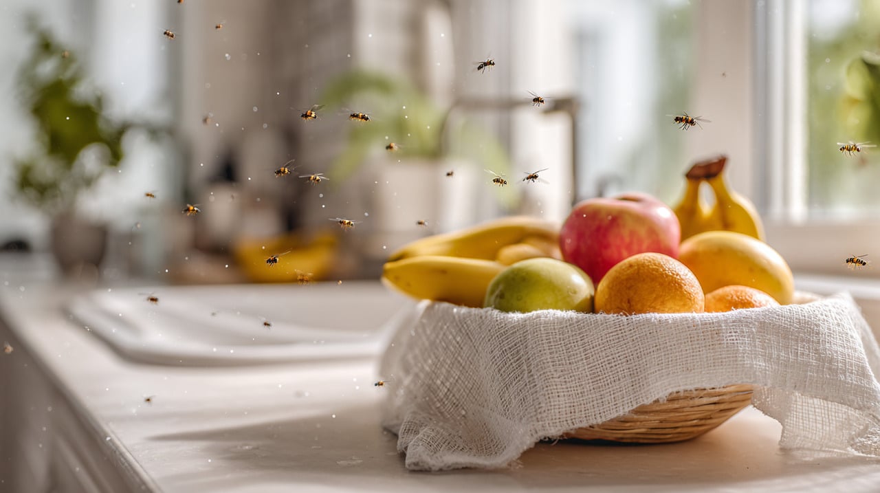 Os mosquitinhos de fruta aparecem rapidamente e podem estragar frutas deixadas na cozinha