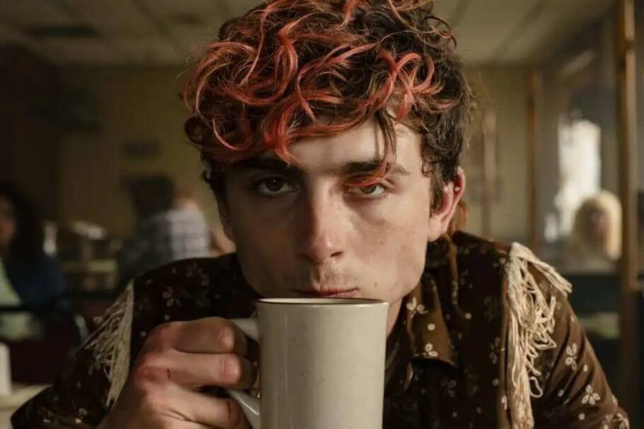 Timothée Chalamet com cabelo pintado de rosa e segurando uma xícara branca no filme "Bones and All"